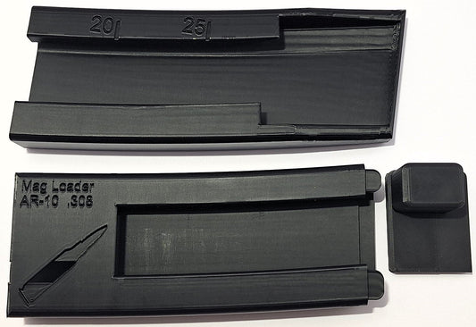 AR .308 Mag Loader with universal fit for AR-10 platforms, showcasing two magazine-sized pieces and a push block for easy travel.